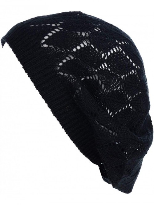 Berets Chic Soft Knit Airy Cutout Lightweight Slouchy Crochet Beret Beanie Hat - Black Leafy - C318Q57RAK6 $13.47