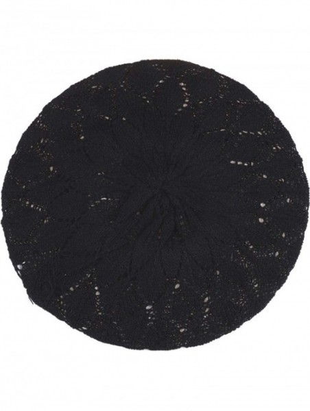 Berets Chic Soft Knit Airy Cutout Lightweight Slouchy Crochet Beret Beanie Hat - Black Leafy - C318Q57RAK6 $13.47