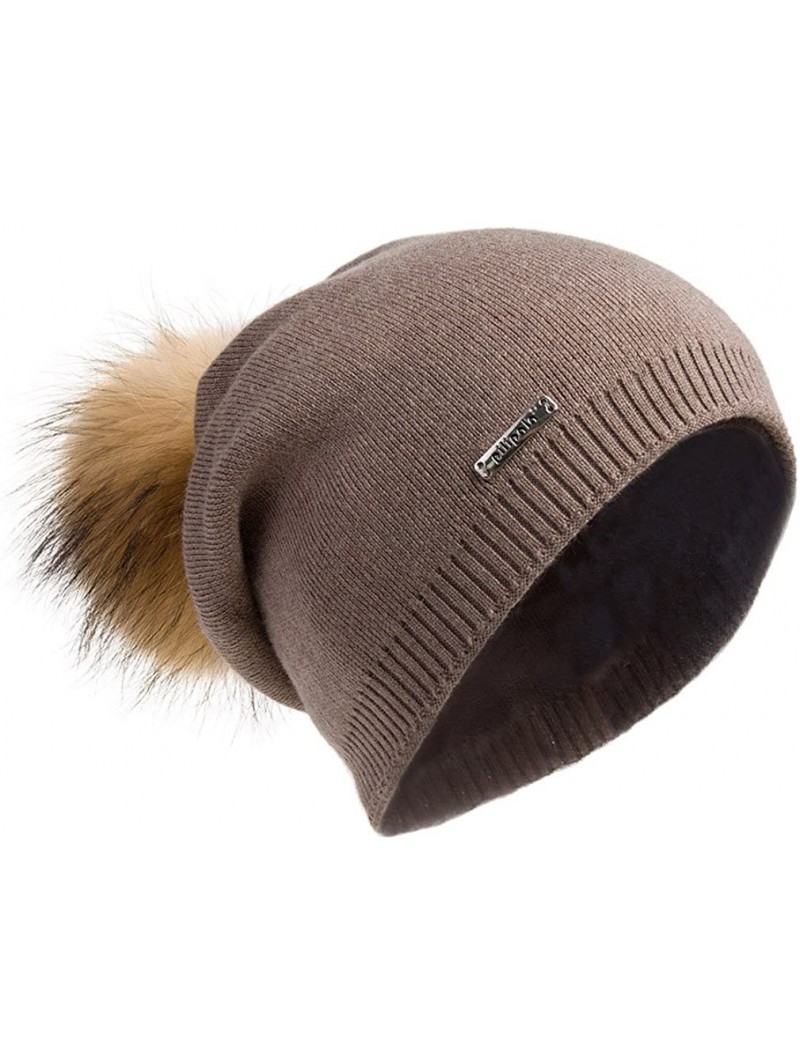 Skullies & Beanies Women's Slouchy Beanie Hat with Fur Pompom Warm Winter Hat - Khaki( Gold Pompom) - CH185K84797 $21.39