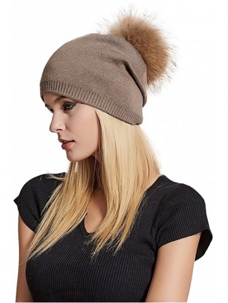 Skullies & Beanies Women's Slouchy Beanie Hat with Fur Pompom Warm Winter Hat - Khaki( Gold Pompom) - CH185K84797 $21.39