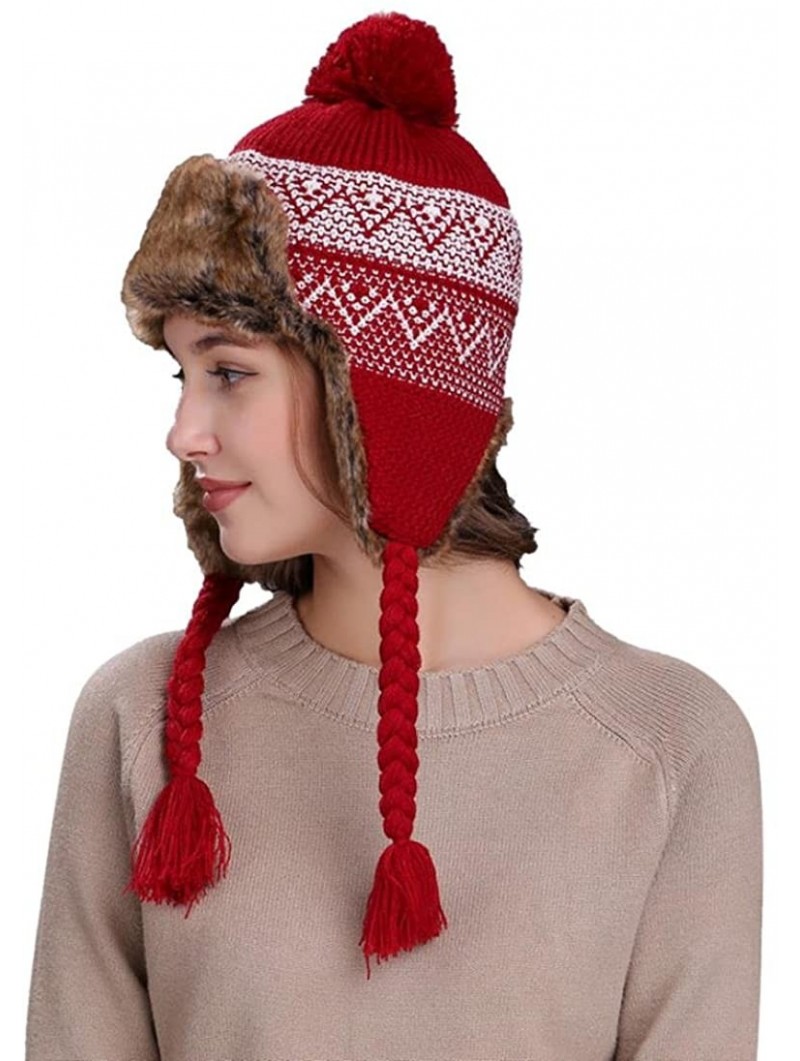 Skullies & Beanies Warm Women Winter Hat with Ear Flaps Snow Ski Thick Knit Wool Beanie Cap Hat - Wine - CP187NS3MUK $13.97