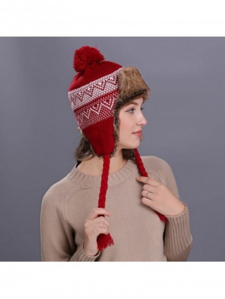 Skullies & Beanies Warm Women Winter Hat with Ear Flaps Snow Ski Thick Knit Wool Beanie Cap Hat - Wine - CP187NS3MUK $13.97