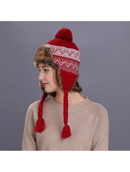 Skullies & Beanies Warm Women Winter Hat with Ear Flaps Snow Ski Thick Knit Wool Beanie Cap Hat - Wine - CP187NS3MUK $13.97