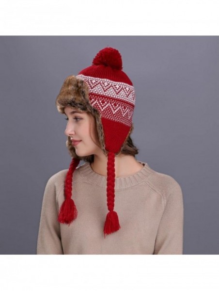 Skullies & Beanies Warm Women Winter Hat with Ear Flaps Snow Ski Thick Knit Wool Beanie Cap Hat - Wine - CP187NS3MUK $13.97