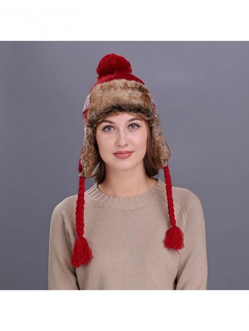 Skullies & Beanies Warm Women Winter Hat with Ear Flaps Snow Ski Thick Knit Wool Beanie Cap Hat - Wine - CP187NS3MUK $13.97