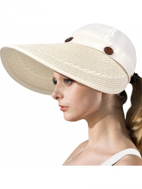 Sun Hats Womens UV Protection Hats Sun Visor for Girls Foldable Large Brim UPF Beach Ponytail Fishing Cap - Beige White - CK1...