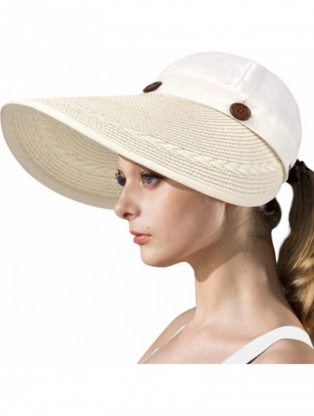 Sun Hats Womens UV Protection Hats Sun Visor for Girls Foldable Large Brim UPF Beach Ponytail Fishing Cap - Beige White - CK1...