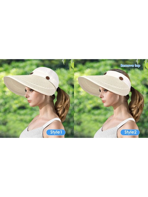 Sun Hats Womens UV Protection Hats Sun Visor for Girls Foldable Large Brim UPF Beach Ponytail Fishing Cap - Beige White - CK1...