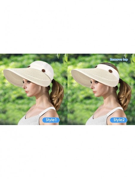 Sun Hats Womens UV Protection Hats Sun Visor for Girls Foldable Large Brim UPF Beach Ponytail Fishing Cap - Beige White - CK1...