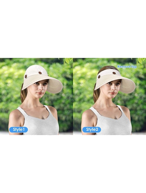 Sun Hats Womens UV Protection Hats Sun Visor for Girls Foldable Large Brim UPF Beach Ponytail Fishing Cap - Beige White - CK1...