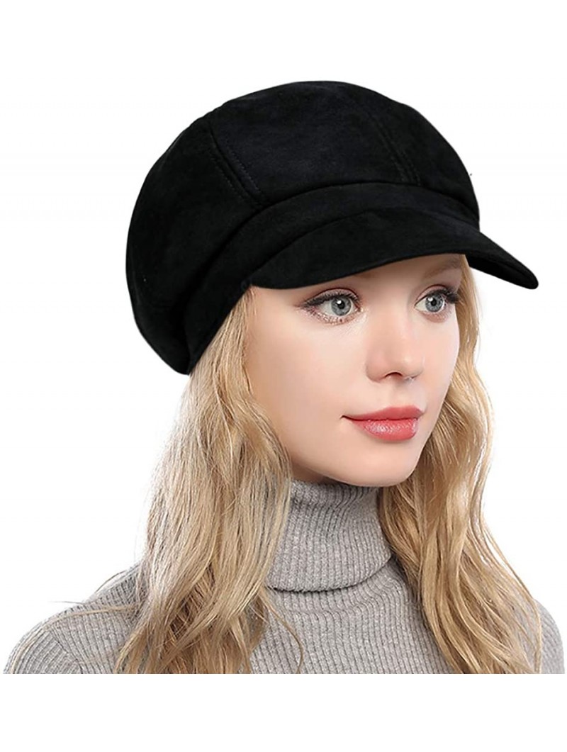 Newsboy Caps Women's Newsboy Cap Spring Wool British Ivy Cabbie Beret Tweed Girls Paperboy Hat - Pure-black - CN18AOGN3W2 $20.12