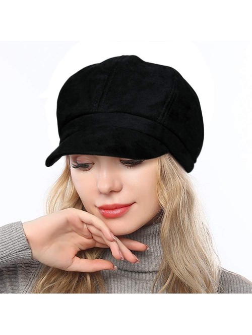 Newsboy Caps Women's Newsboy Cap Spring Wool British Ivy Cabbie Beret Tweed Girls Paperboy Hat - Pure-black - CN18AOGN3W2 $20.12