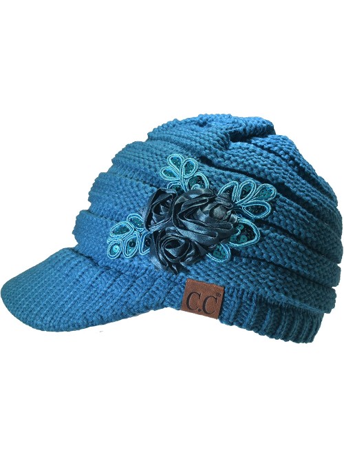 Skullies & Beanies Warm Cable Ribbed Knit Beanie Hat w/Visor Brim - Chunky Winter Skully Cap - Flower Teal - CQ18A6SHOO6 $13.05