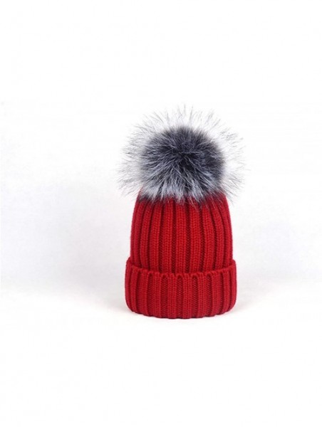 Skullies & Beanies Women Warm Faux Fur Pom Hat Soft Thick Cable Knit Winter Cap Cuff Beanie - Wine Red - C7188S3M2KR $11.17