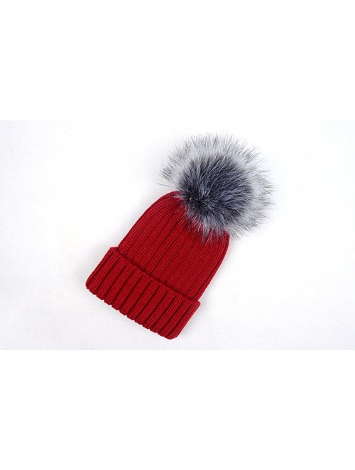 Skullies & Beanies Women Warm Faux Fur Pom Hat Soft Thick Cable Knit Winter Cap Cuff Beanie - Wine Red - C7188S3M2KR $11.17