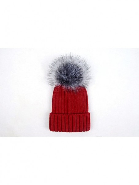 Skullies & Beanies Women Warm Faux Fur Pom Hat Soft Thick Cable Knit Winter Cap Cuff Beanie - Wine Red - C7188S3M2KR $11.17