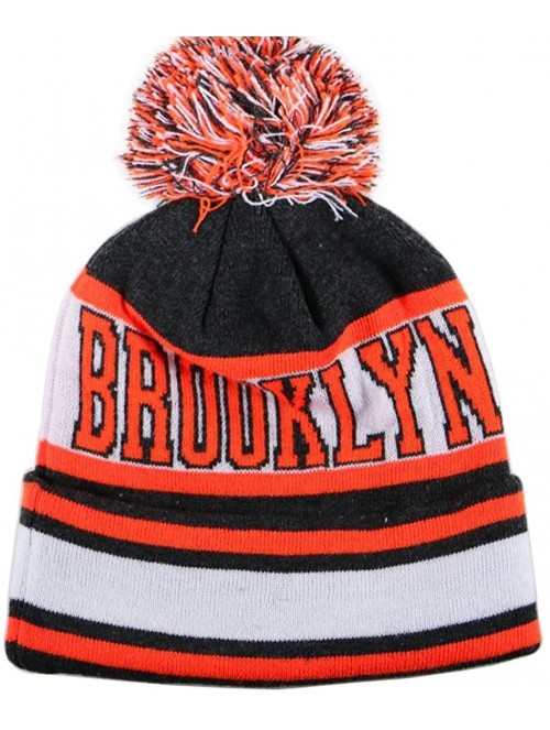 Skullies & Beanies Sk1130 Brooklyn Stripes Pom Pom Beanie Hats - Dark Grey/Neon Orange - C311PEEQT6N $19.54