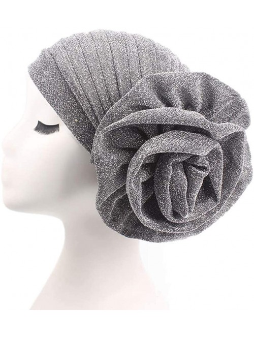 Skullies & Beanies Women Elastic Glitter Big Flower Turban Chemo Beanie Hair Loss Chemo Cap Hat - Silver - CZ18LU7R4EW $14.76