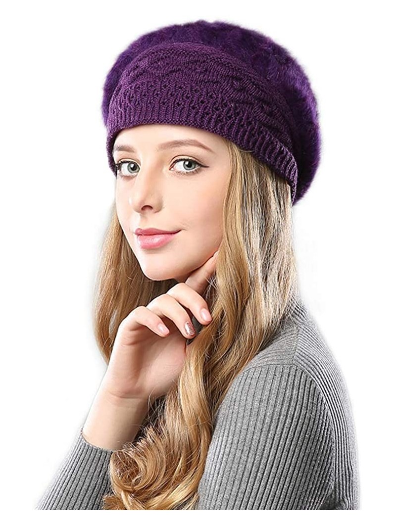 Berets Women Winter French Beret Hat Wool Knit Berets Beanie Classic Warm Casual Hat - Purple - C518Z4QSHAS $15.92