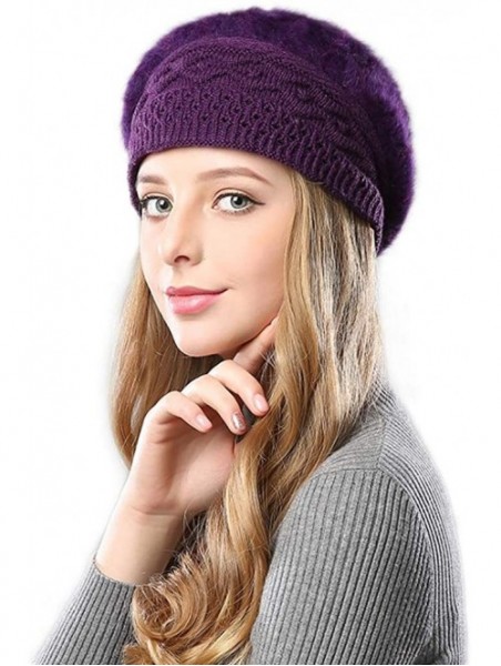 Berets Women Winter French Beret Hat Wool Knit Berets Beanie Classic Warm Casual Hat - Purple - C518Z4QSHAS $15.92