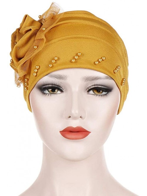 Skullies & Beanies Muslim Turbans for Women- Pearl Beading India Hat Muslim Ruffle Cancer Chemo Beanie Turban Wrap Cap - CQ18...