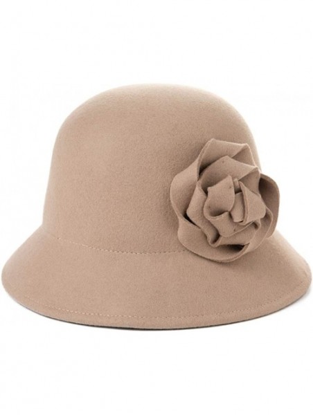 Bucket Hats Women Winter Wool Bucket Hat 1920s Vintage Cloche Bowler Hat with Bow/Flower Accent - 00790coffee_100% Wool - CI1...