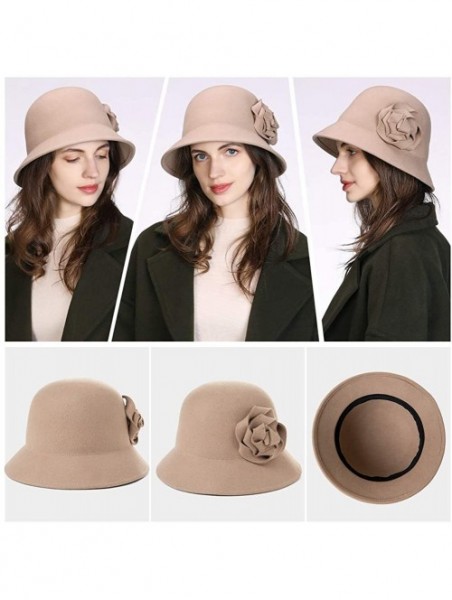 Bucket Hats Women Winter Wool Bucket Hat 1920s Vintage Cloche Bowler Hat with Bow/Flower Accent - 00790coffee_100% Wool - CI1...