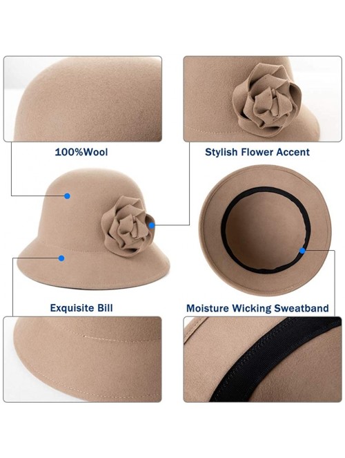 Bucket Hats Women Winter Wool Bucket Hat 1920s Vintage Cloche Bowler Hat with Bow/Flower Accent - 00790coffee_100% Wool - CI1...