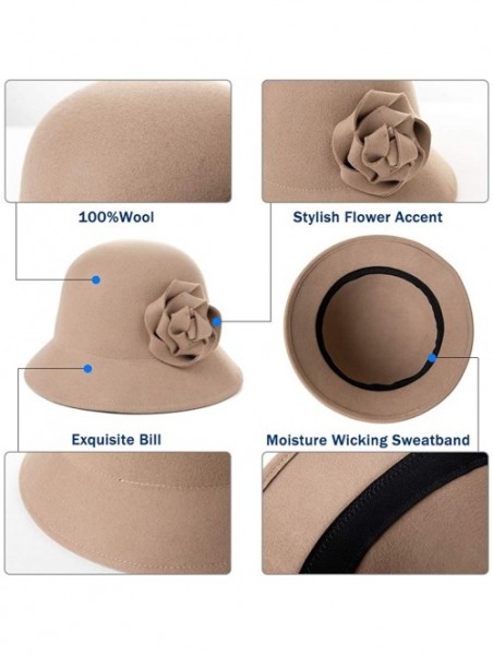 Bucket Hats Women Winter Wool Bucket Hat 1920s Vintage Cloche Bowler Hat with Bow/Flower Accent - 00790coffee_100% Wool - CI1...