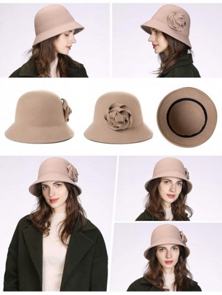 Bucket Hats Women Winter Wool Bucket Hat 1920s Vintage Cloche Bowler Hat with Bow/Flower Accent - 00790coffee_100% Wool - CI1...