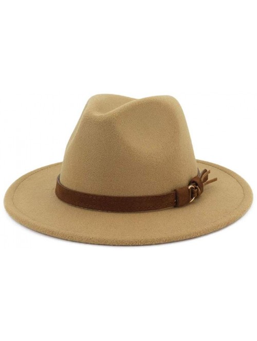 Fedoras Women Men Wide Brim Felt Wool Fedora Hat with Belt Buckle - Camel - CU18XAYT599 $16.82