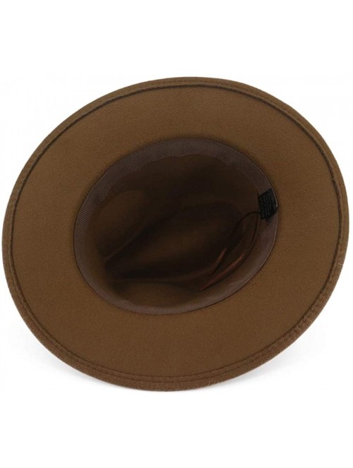 Fedoras Women Men Wide Brim Felt Wool Fedora Hat with Belt Buckle - Camel - CU18XAYT599 $16.82