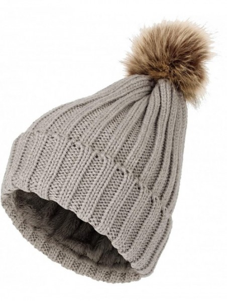 Skullies & Beanies Trendy Ribbed Knitted Fur Pom Pom Beanie Hat Slouchy CR5146 - Grey - CW1204M9PBF $17.09