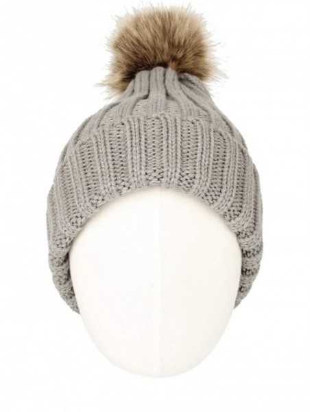 Skullies & Beanies Trendy Ribbed Knitted Fur Pom Pom Beanie Hat Slouchy CR5146 - Grey - CW1204M9PBF $17.09