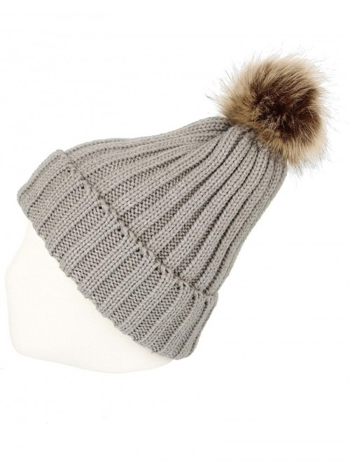 Skullies & Beanies Trendy Ribbed Knitted Fur Pom Pom Beanie Hat Slouchy CR5146 - Grey - CW1204M9PBF $17.09