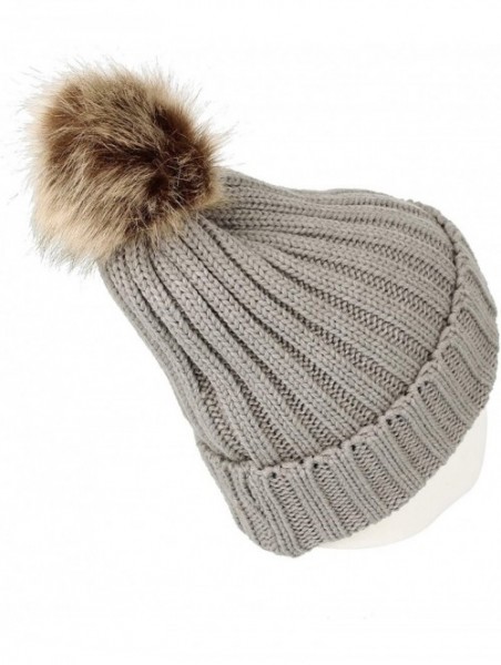 Skullies & Beanies Trendy Ribbed Knitted Fur Pom Pom Beanie Hat Slouchy CR5146 - Grey - CW1204M9PBF $17.09