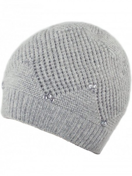 Skullies & Beanies Women's Angora Beanie Hat Rhinestone Square Double Bow Dual Layer - Beaded - Gray - CL12NTOQEM1 $27.41