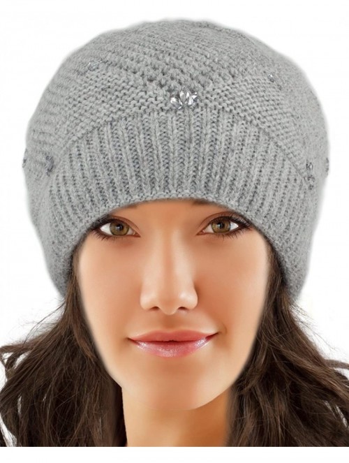 Skullies & Beanies Women's Angora Beanie Hat Rhinestone Square Double Bow Dual Layer - Beaded - Gray - CL12NTOQEM1 $27.41