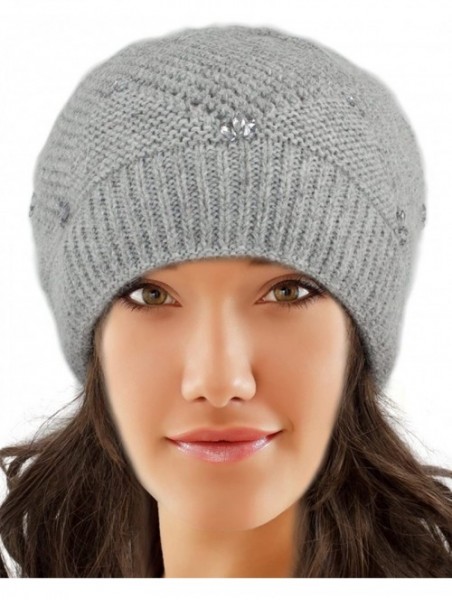 Skullies & Beanies Women's Angora Beanie Hat Rhinestone Square Double Bow Dual Layer - Beaded - Gray - CL12NTOQEM1 $27.41