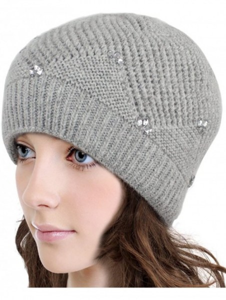 Skullies & Beanies Women's Angora Beanie Hat Rhinestone Square Double Bow Dual Layer - Beaded - Gray - CL12NTOQEM1 $27.41