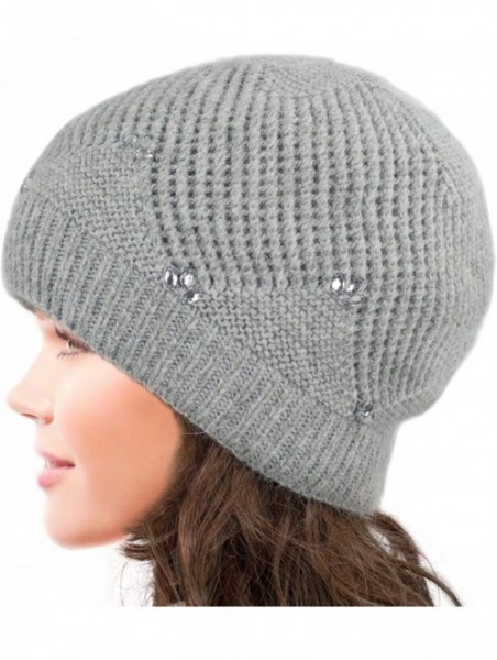 Skullies & Beanies Women's Angora Beanie Hat Rhinestone Square Double Bow Dual Layer - Beaded - Gray - CL12NTOQEM1 $27.41