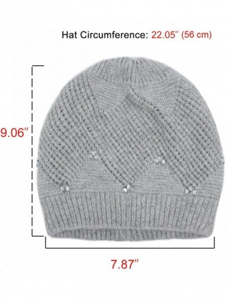 Skullies & Beanies Women's Angora Beanie Hat Rhinestone Square Double Bow Dual Layer - Beaded - Gray - CL12NTOQEM1 $27.41