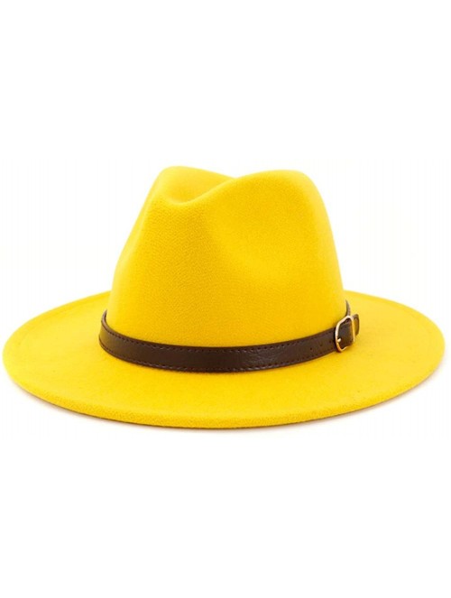 Fedoras Men & Women Panama Hat Classic Wide Brim Fedora Hat with Belt Buckle - Yellow - CC18T72IRSR $16.80