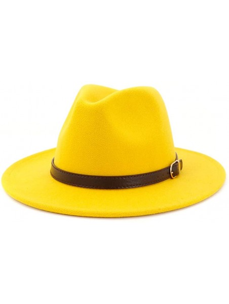 Fedoras Men & Women Panama Hat Classic Wide Brim Fedora Hat with Belt Buckle - Yellow - CC18T72IRSR $16.80