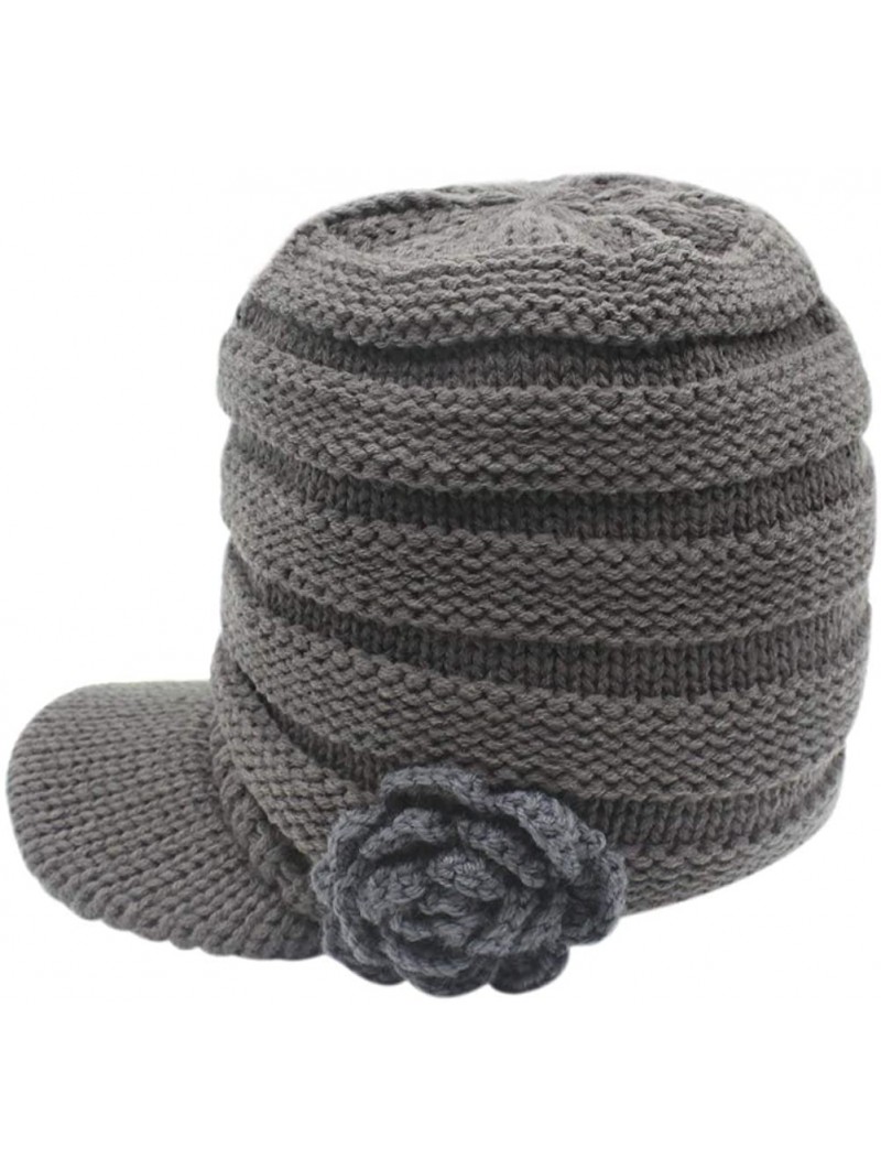 Skullies & Beanies Women Winter Warm Hat Knit Visor Brim Cap with Flower Accent - Grey - C918INOMNG6 $22.98