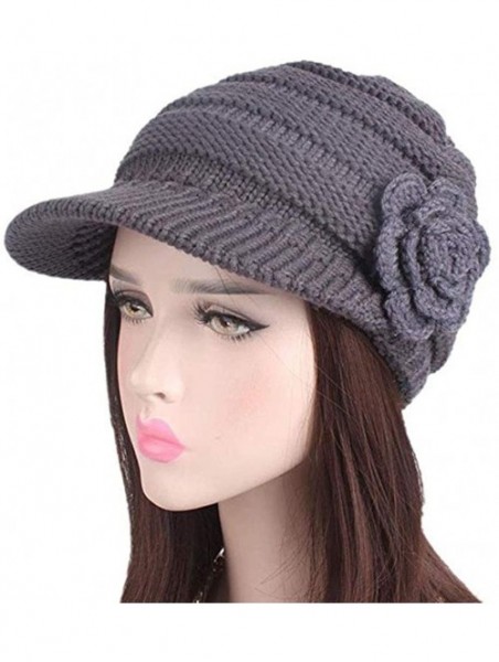 Skullies & Beanies Women Winter Warm Hat Knit Visor Brim Cap with Flower Accent - Grey - C918INOMNG6 $22.98