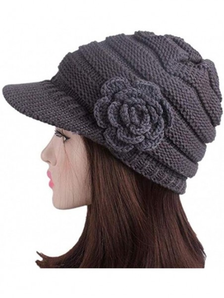 Skullies & Beanies Women Winter Warm Hat Knit Visor Brim Cap with Flower Accent - Grey - C918INOMNG6 $22.98