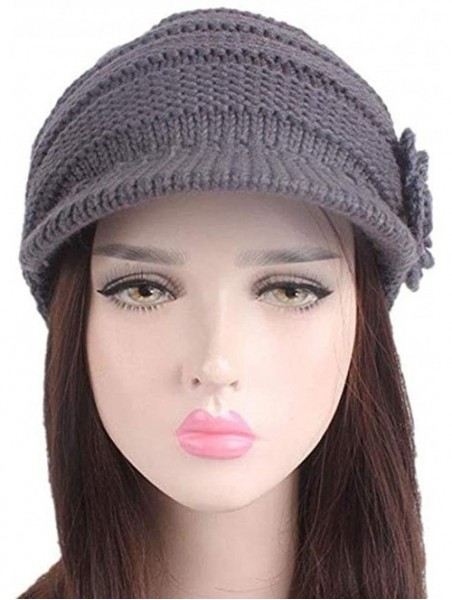 Skullies & Beanies Women Winter Warm Hat Knit Visor Brim Cap with Flower Accent - Grey - C918INOMNG6 $22.98