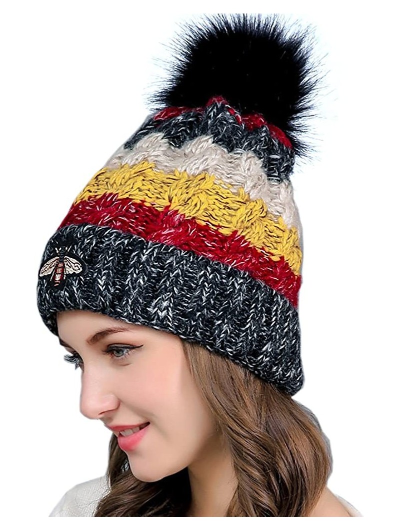 Skullies & Beanies Funky Warm Soft Winter Thick Knit Hats Cap Faux Fur Pom Beanie - Black - C7188AWKEAQ $10.61