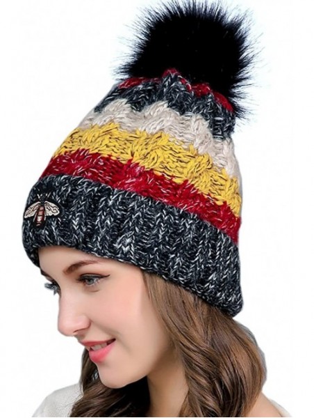 Skullies & Beanies Funky Warm Soft Winter Thick Knit Hats Cap Faux Fur Pom Beanie - Black - C7188AWKEAQ $10.61